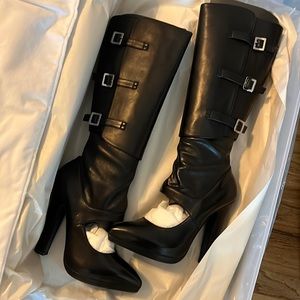 VERSACE Black Leather High Heeled Knee High Boots 39/9 w/buckle details, dustbag